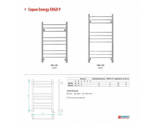Полотенцесушитель электрический Energy Ergo P 1000x500 мм белый матовый EETRERGOP10050R903M RAL 9003