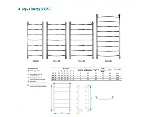 Полотенцесушитель водяной Energy Classic 1000x500 мм EWTRCLASS1005010000