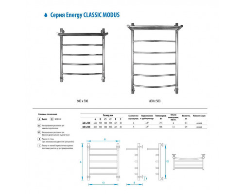 Полотенцесушитель водяной Energy Classic Modus 800x500 мм EWTRCLASM0805010000