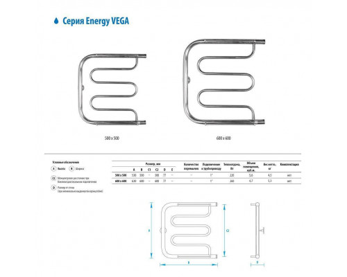 Полотенцесушитель водяной Energy Vega 500x500 П-образный с полками EWTR0VEGA0505000000